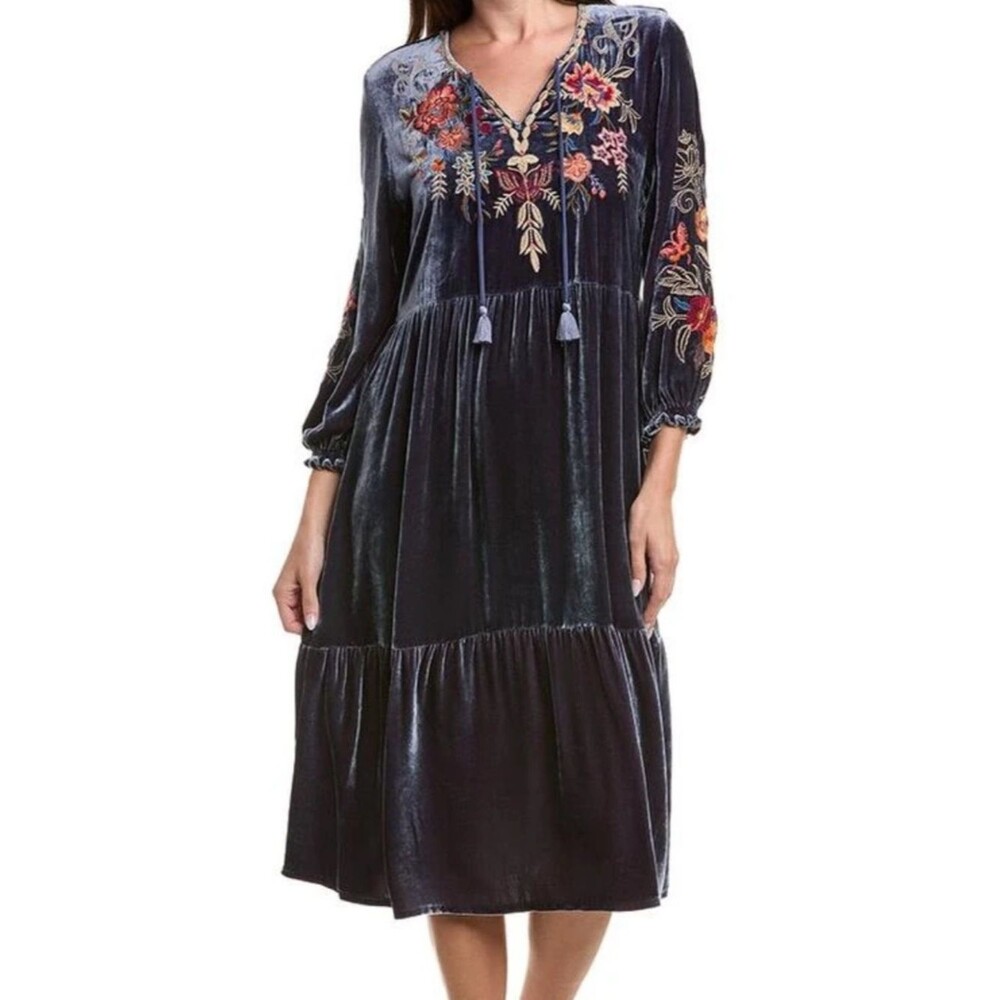 Johnny Was Embroidered Velvet Midi Dress - Blue